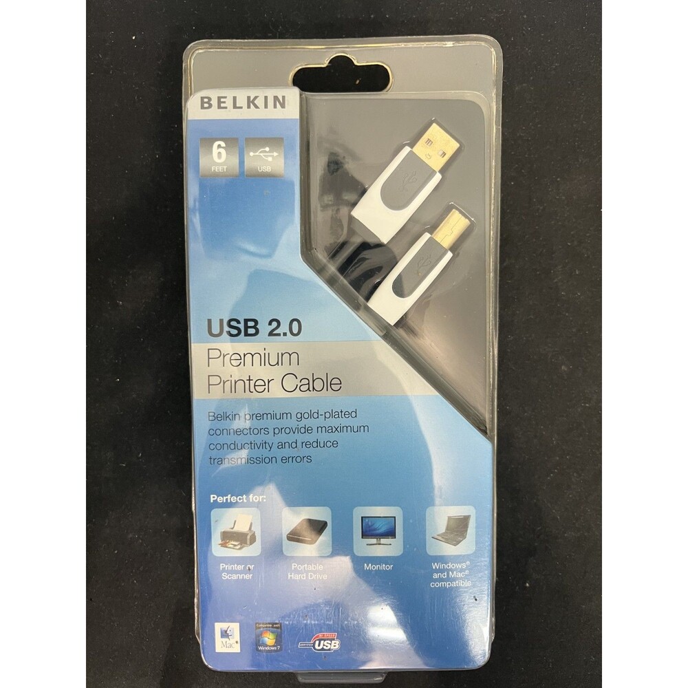 Belkin USB 2.0 Premium Printer Cable 6ft Gold‑Plated Connectors NIB
